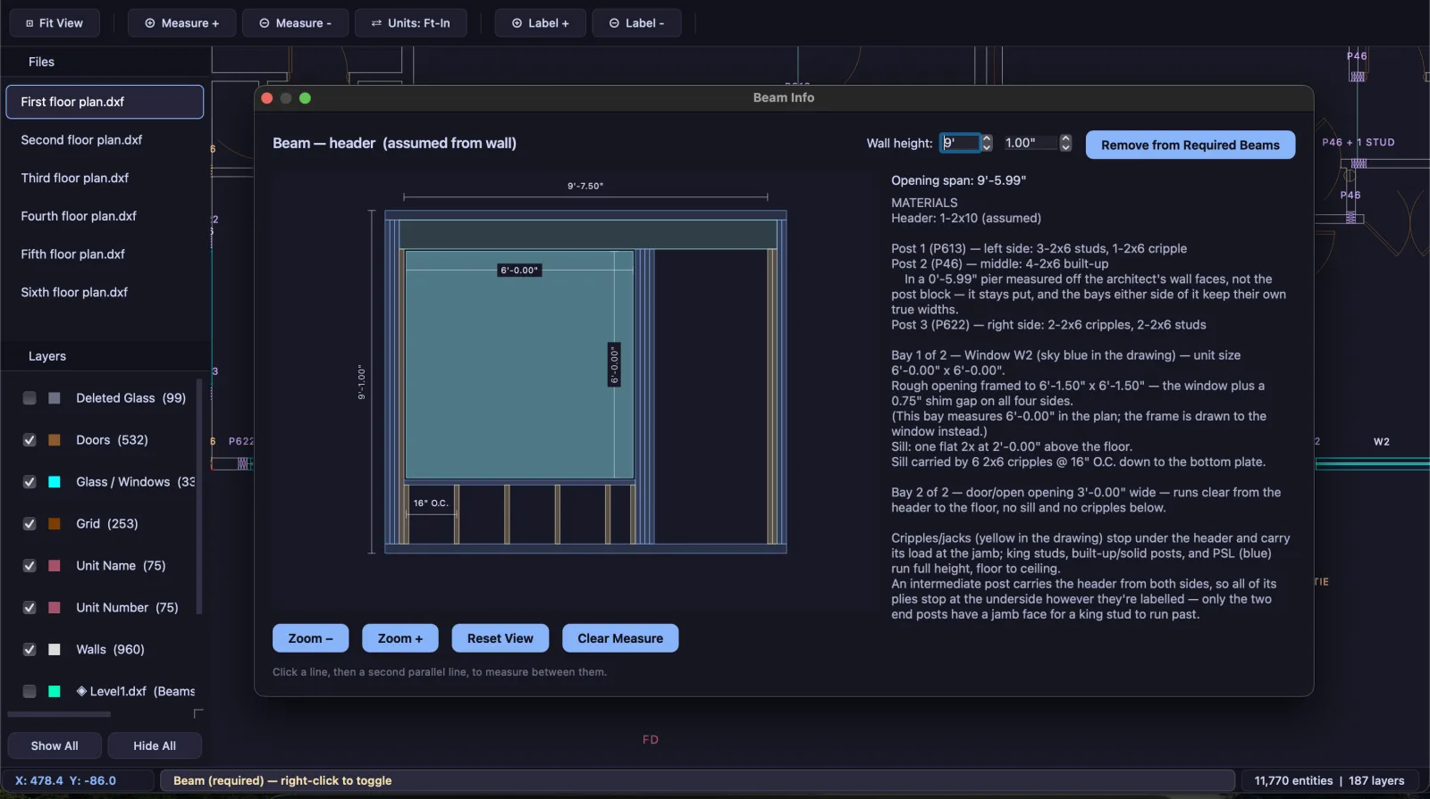 Beam info panel for a selected wall opening, showing header and post materials, bay dimensions, and cripple spacing